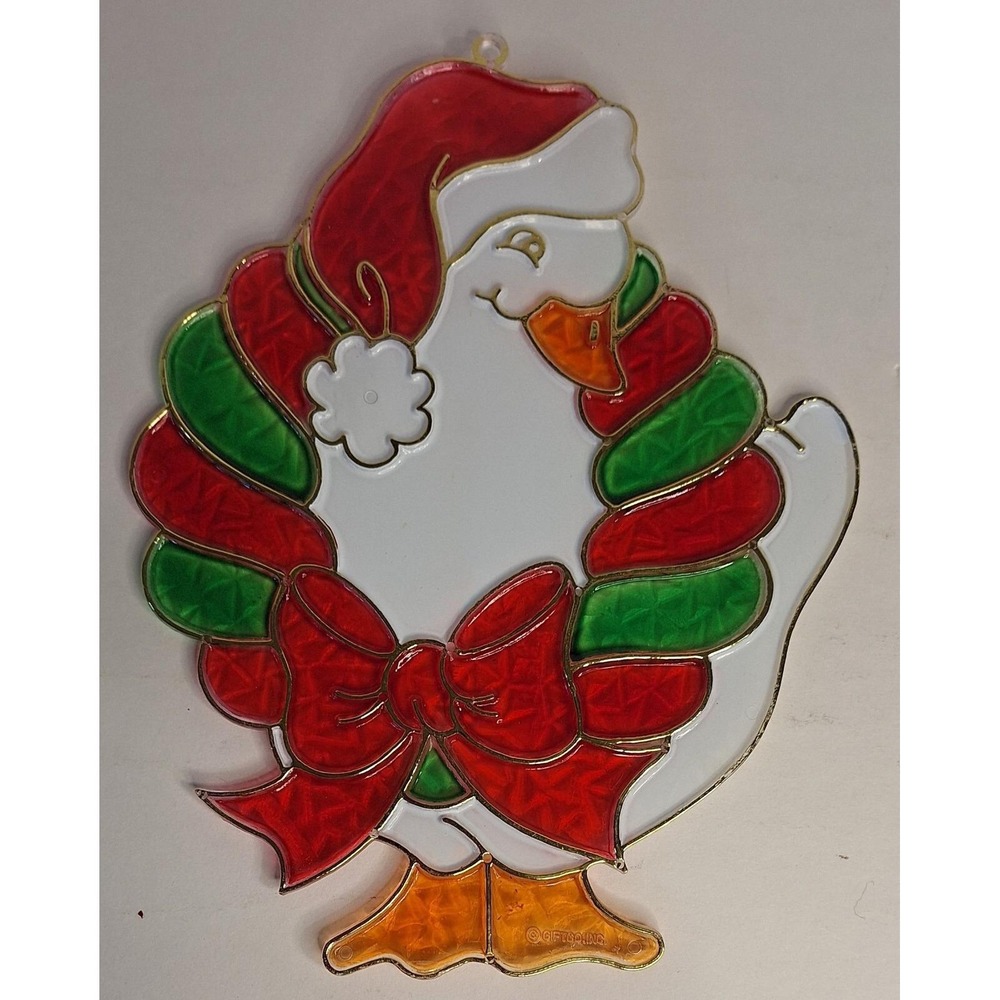 Vintage Christmas Goose Suncatcher Santa Hat Wreath Holiday Window Decor 9.5in - Picture 2 of 5